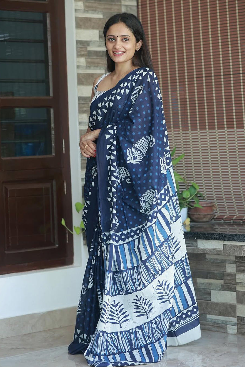 Gratifying 1-Minute Ready To Wear Navy Blue Cotton Saree