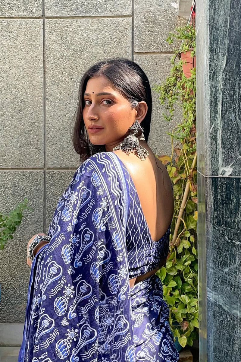Invaluable 1-Minute Ready To Wear Blue Cotton Saree