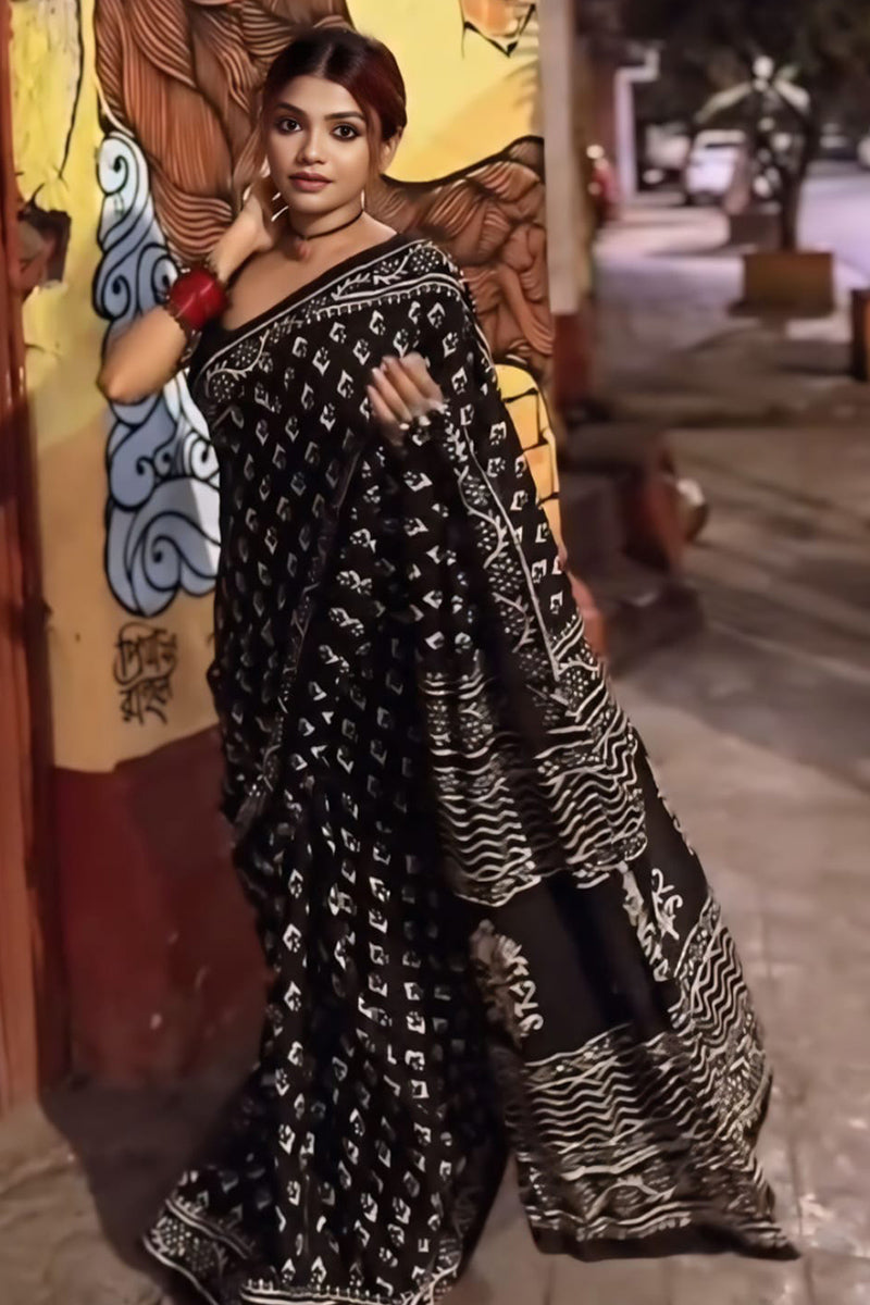 Ethereal 1-Minute Ready To Wear Black Cotton Saree