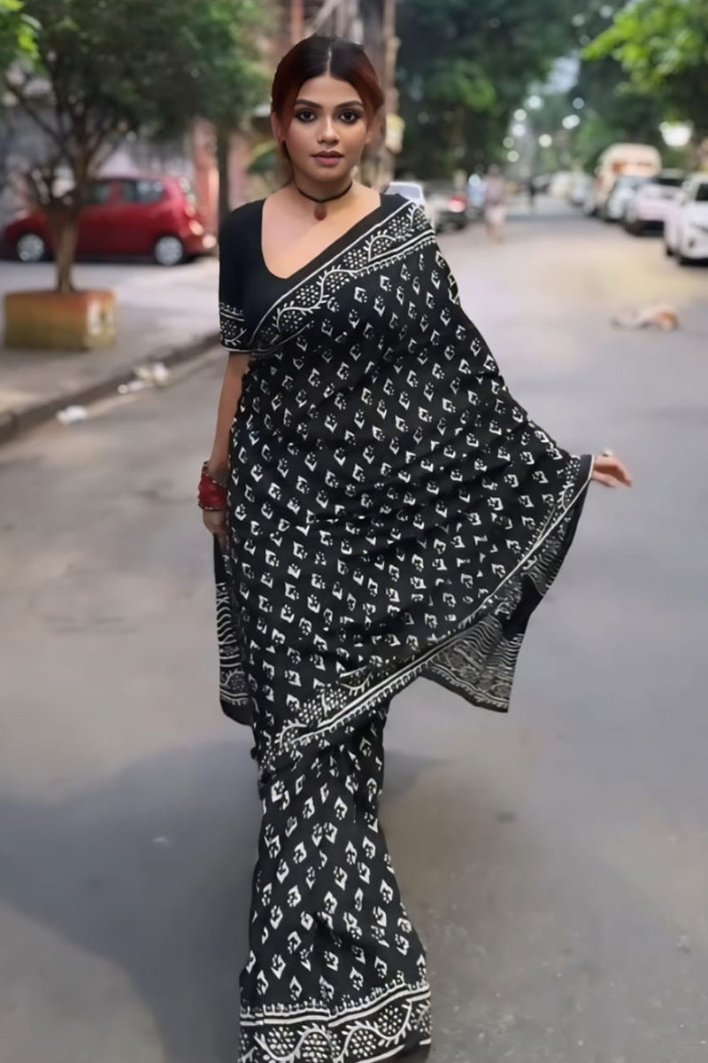 Ethereal 1-Minute Ready To Wear Black Cotton Saree