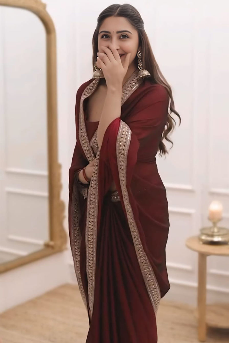 Refreshing 1-Minute Ready To Wear Maroon saee
