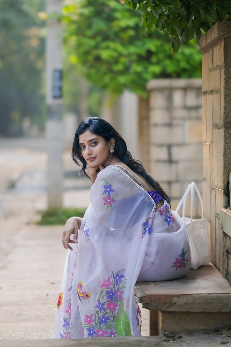 Gleaming White 1 Minute Ready To Wear Organza Saree