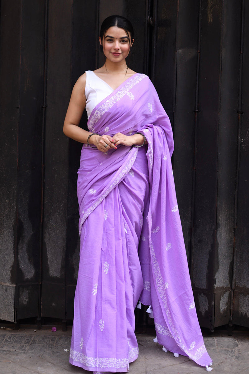 Nemesis Lavender 1 Minute Ready To Wear Mul Cotton Digital Printed Saree With Pocket