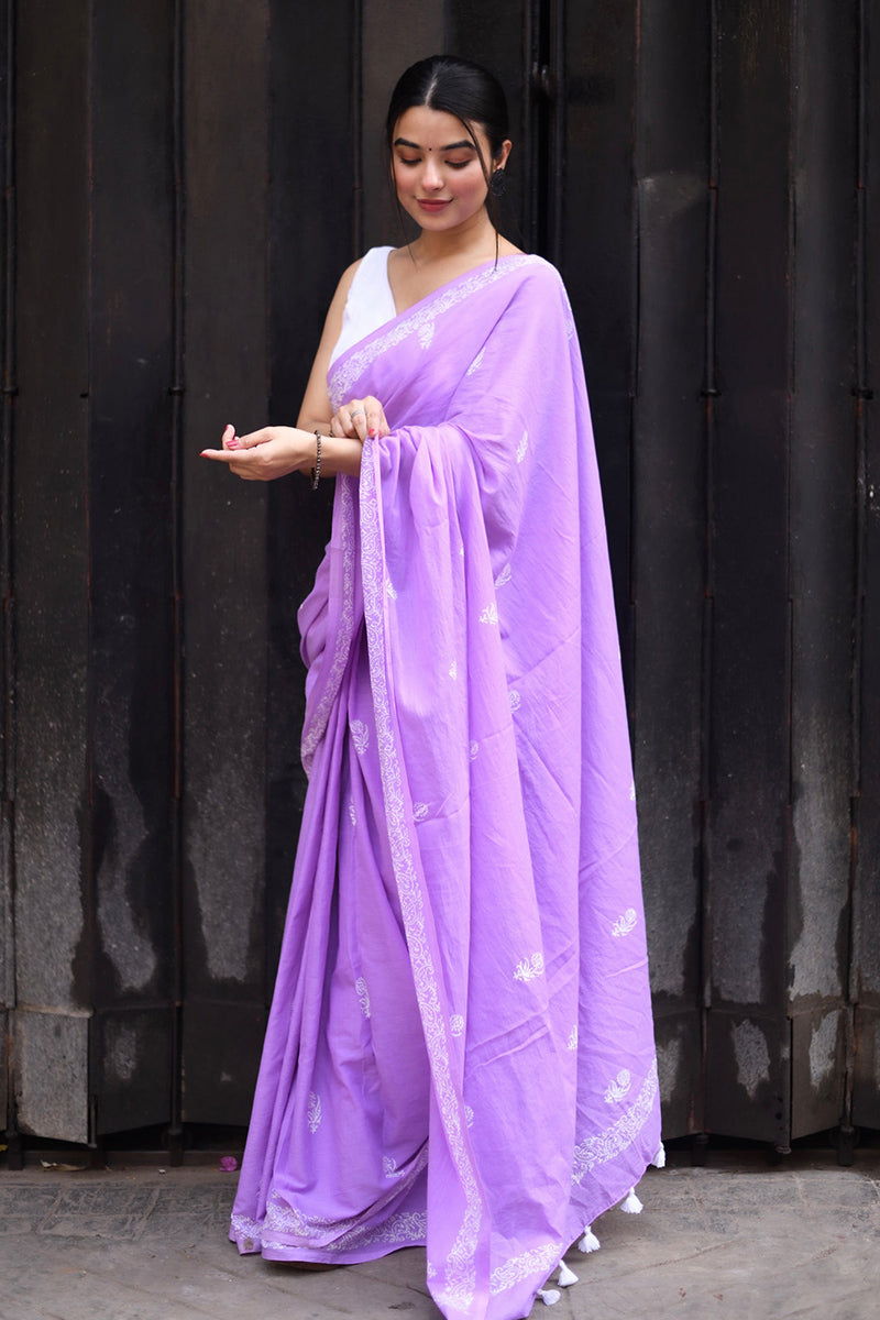 Nemesis Lavender 1 Minute Ready To Wear Mul Cotton Digital Printed Saree With Pocket