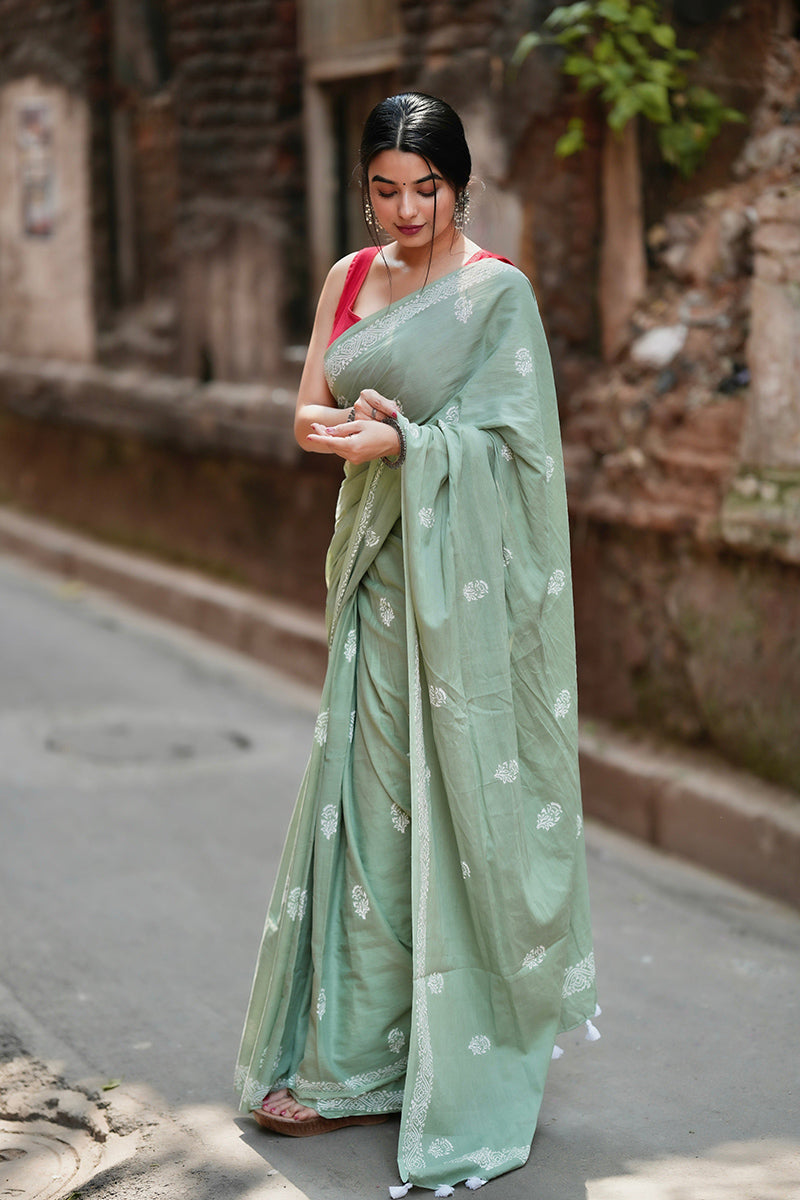 Nemesis  Light Green 1 Minute Ready To Wear Mul Cotton Digital Printed Saree With Pocket