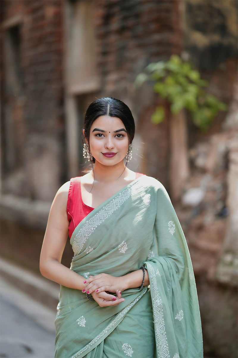 Nemesis  Light Green 1 Minute Ready To Wear Mul Cotton Digital Printed Saree With Pocket
