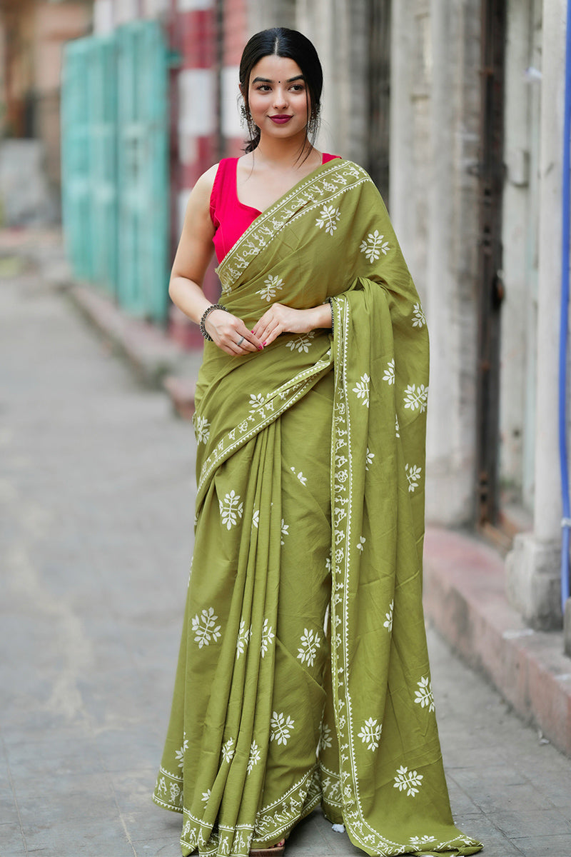 Lassitude Mehndi 1 Minute Ready To Wear Mul Cotton Digital Printed Saree With Pocket