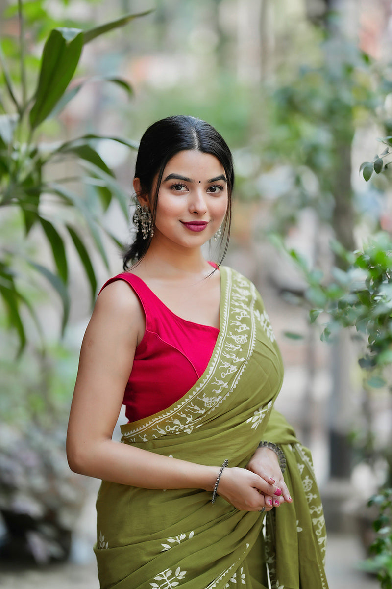 Lassitude Mehndi 1 Minute Ready To Wear Mul Cotton Digital Printed Saree With Pocket