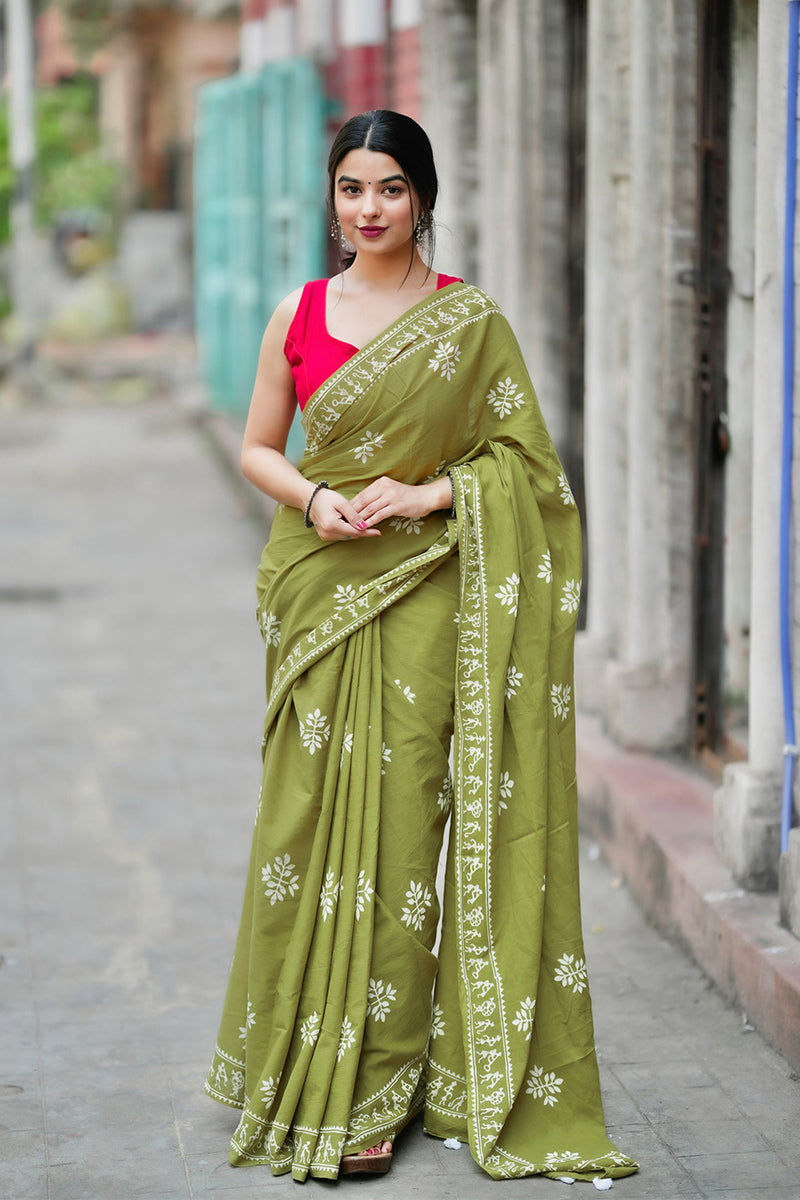 Lassitude Mehndi 1 Minute Ready To Wear Mul Cotton Digital Printed Saree With Pocket