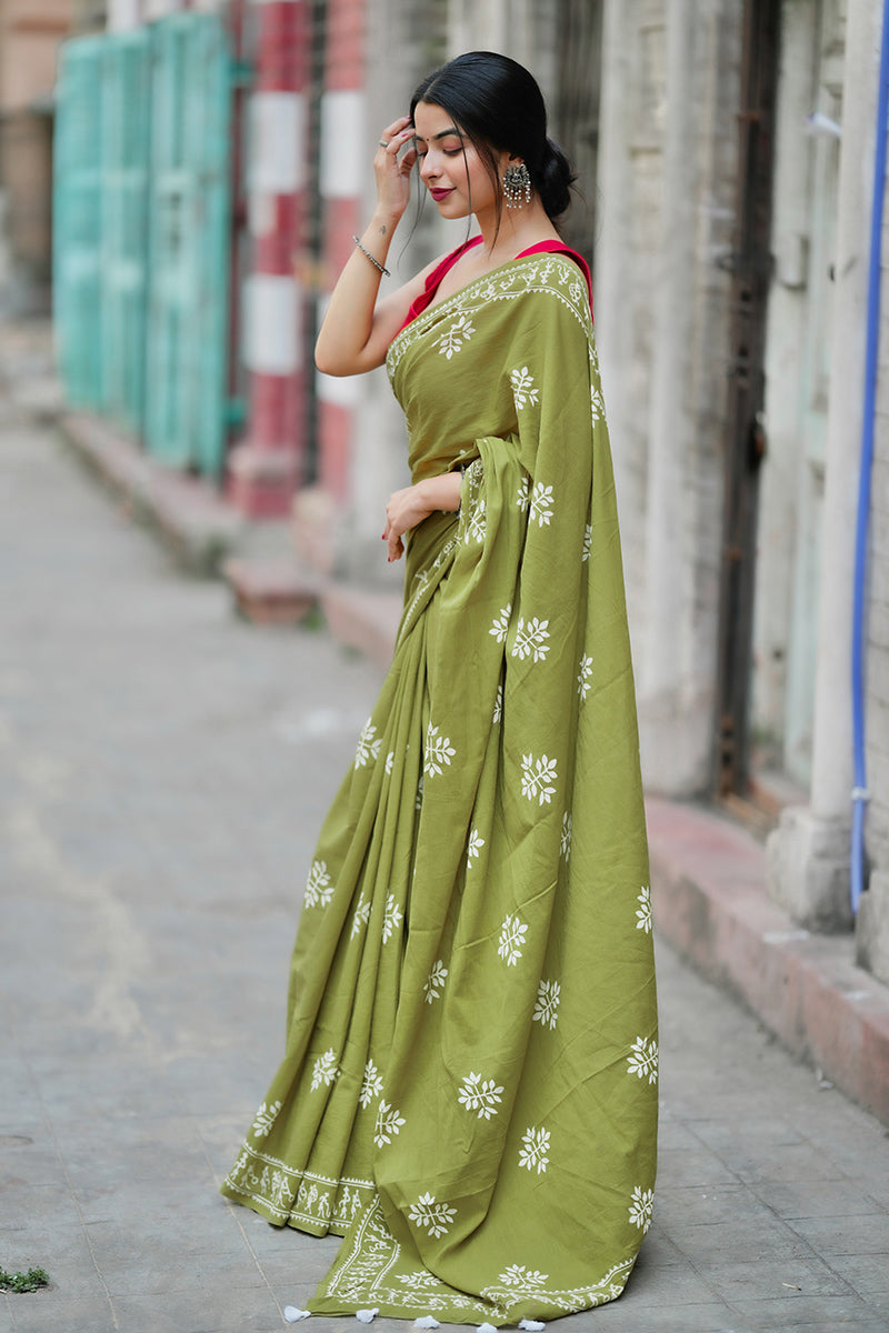 Lassitude Mehndi 1 Minute Ready To Wear Mul Cotton Digital Printed Saree With Pocket