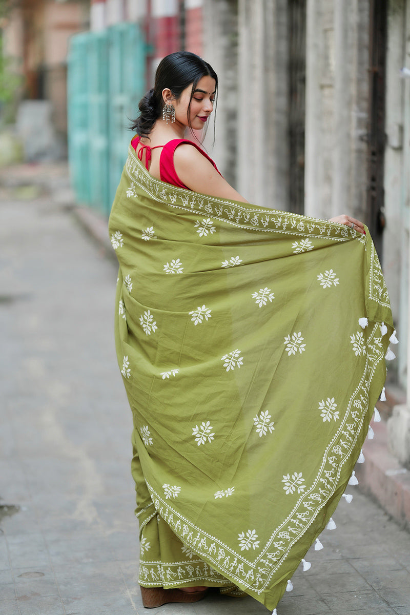 Lassitude Mehndi 1 Minute Ready To Wear Mul Cotton Digital Printed Saree With Pocket