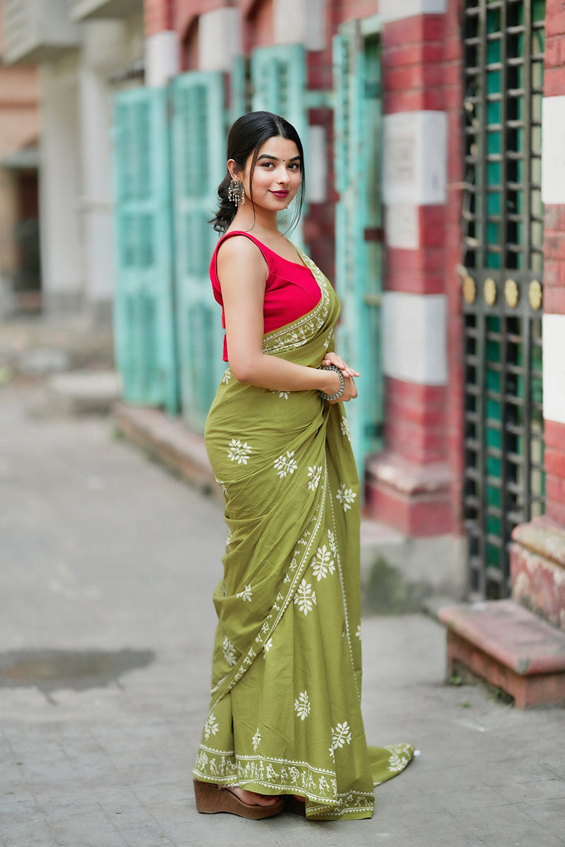 Lassitude Mehndi 1 Minute Ready To Wear Mul Cotton Digital Printed Saree With Pocket