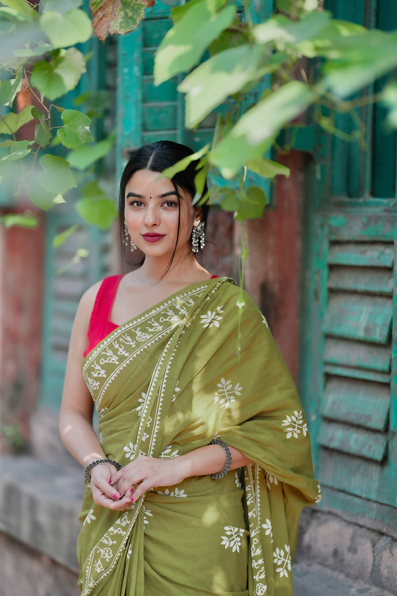 Lassitude Mehndi 1 Minute Ready To Wear Mul Cotton Digital Printed Saree With Pocket