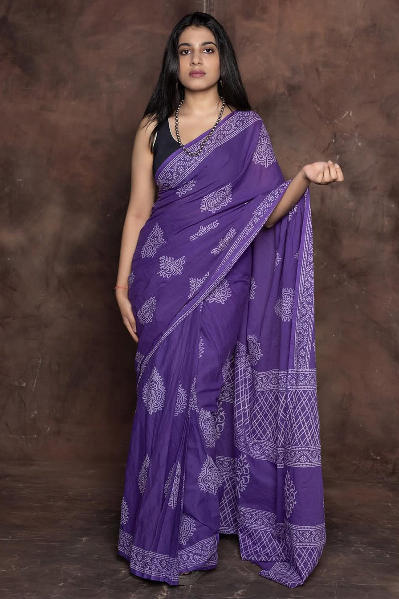 Traditional Purple 1 Minute Ready To Wear Mul Cotton Digital Printed Saree With Pocket