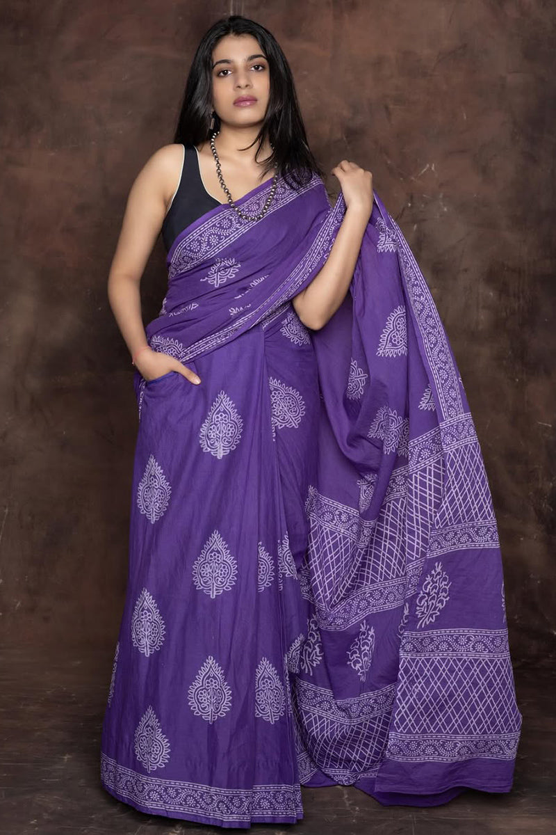 Traditional Purple 1 Minute Ready To Wear Mul Cotton Digital Printed Saree With Pocket