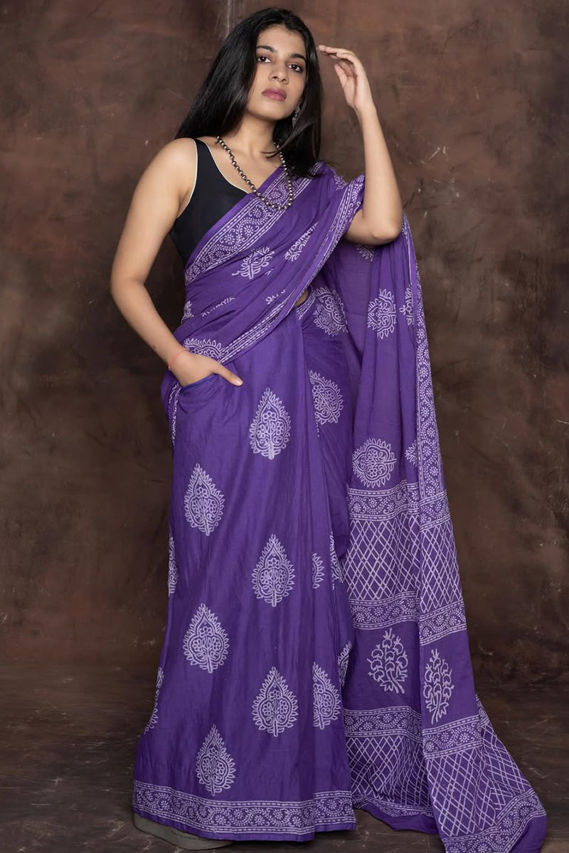 Traditional Purple 1 Minute Ready To Wear Mul Cotton Digital Printed Saree With Pocket