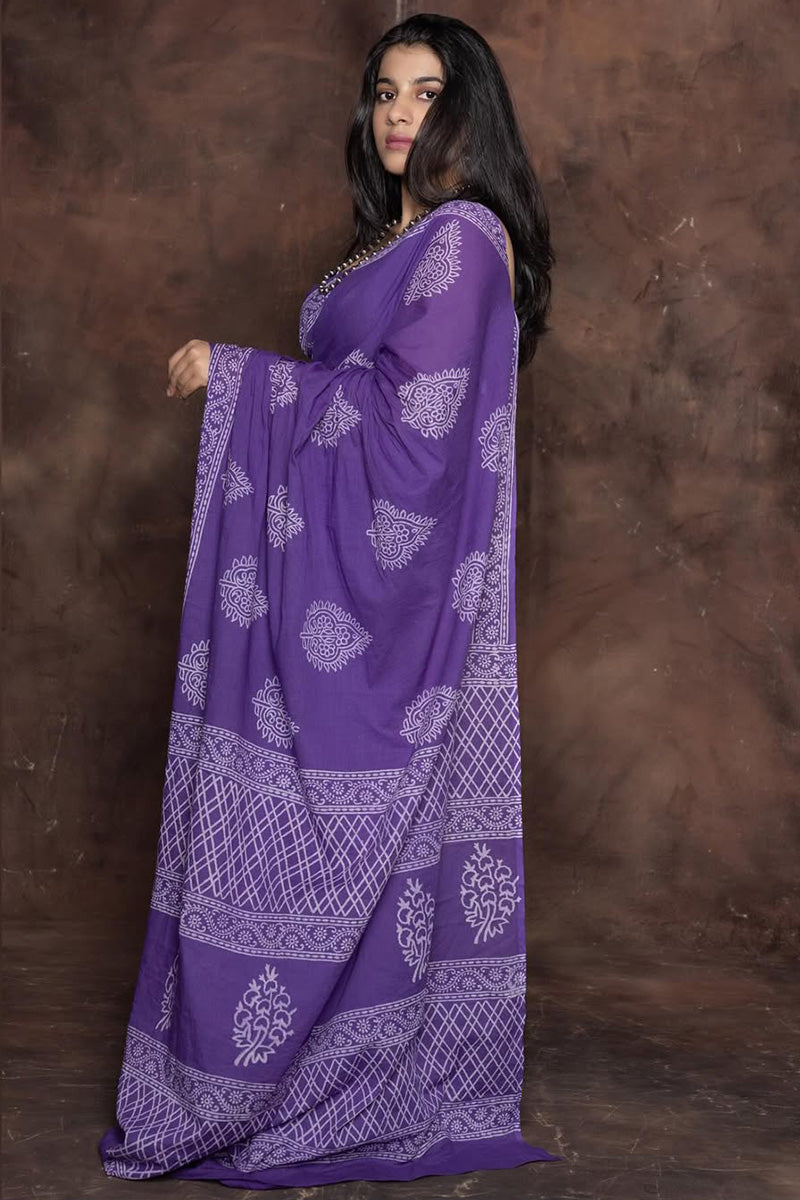 Traditional Purple 1 Minute Ready To Wear Mul Cotton Digital Printed Saree With Pocket