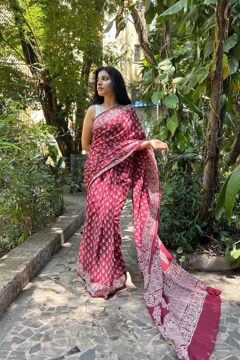 harming Maroon 1 Minute Ready To Wear Mul Cotton Digital Printed Saree With Pocket