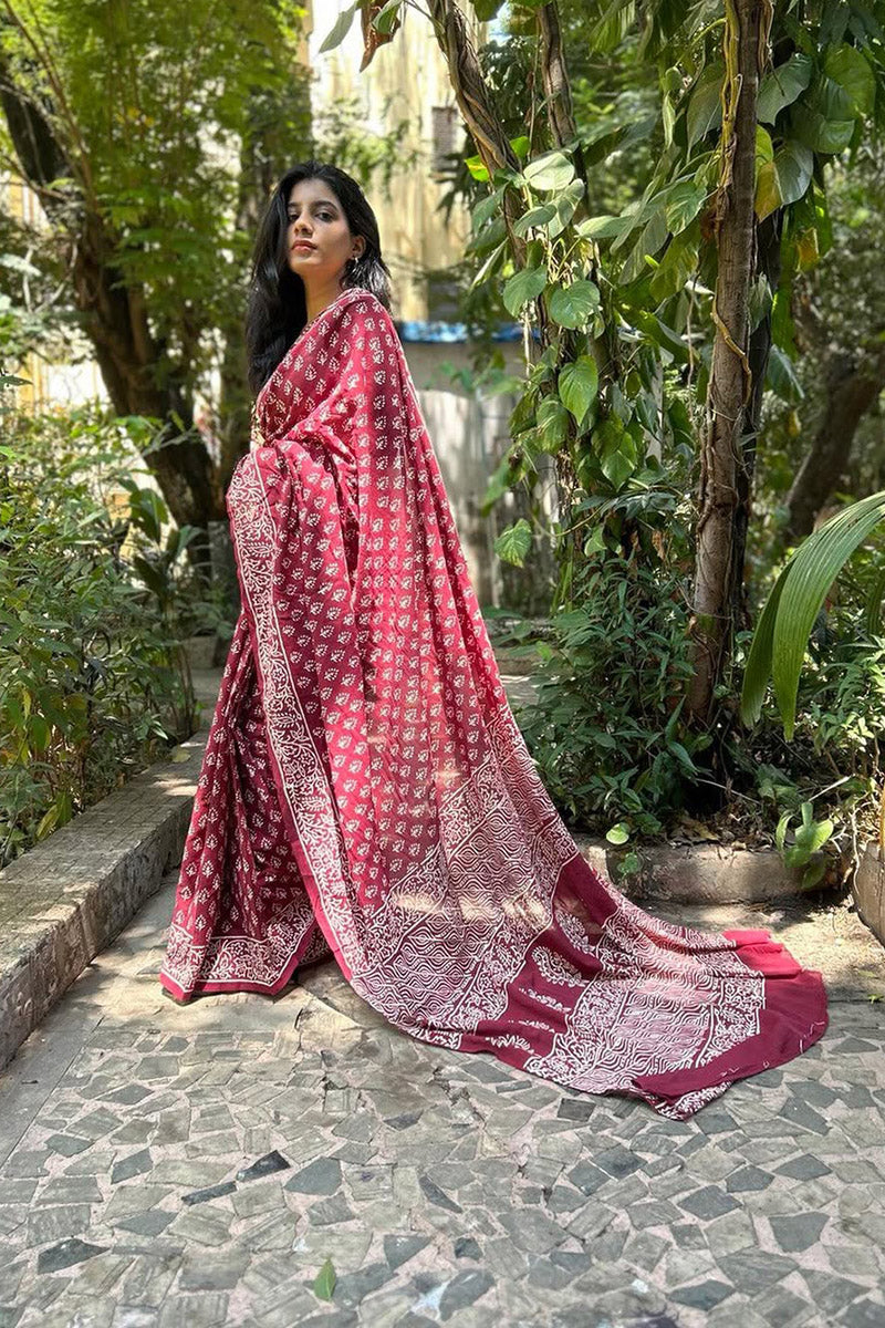 harming Maroon 1 Minute Ready To Wear Mul Cotton Digital Printed Saree With Pocket