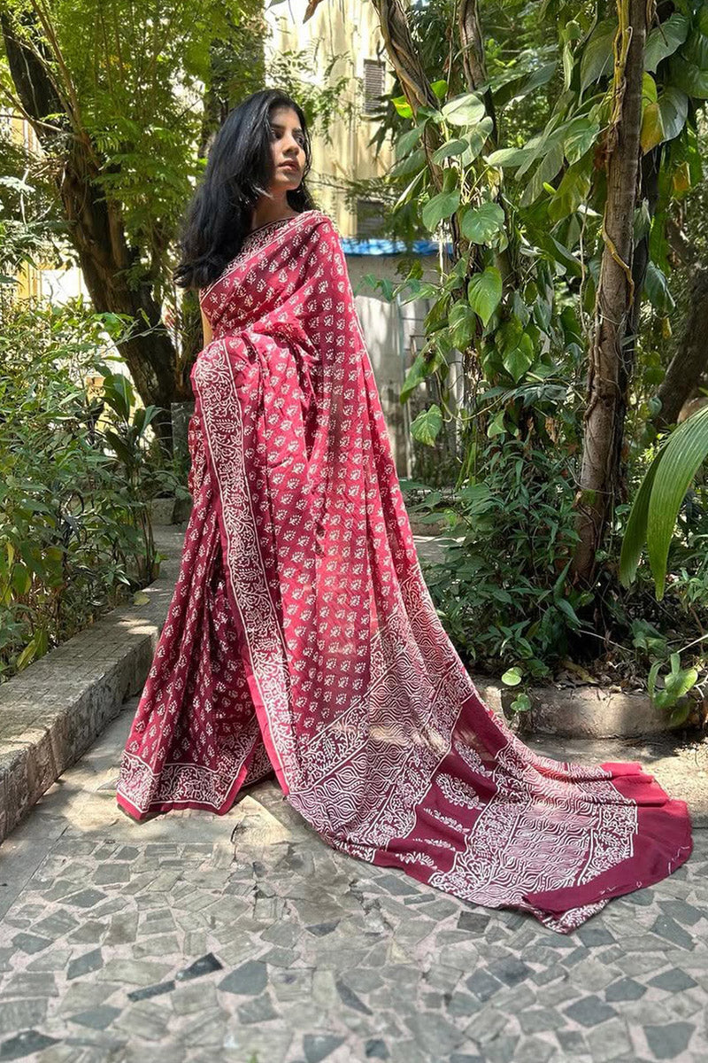 harming Maroon 1 Minute Ready To Wear Mul Cotton Digital Printed Saree With Pocket