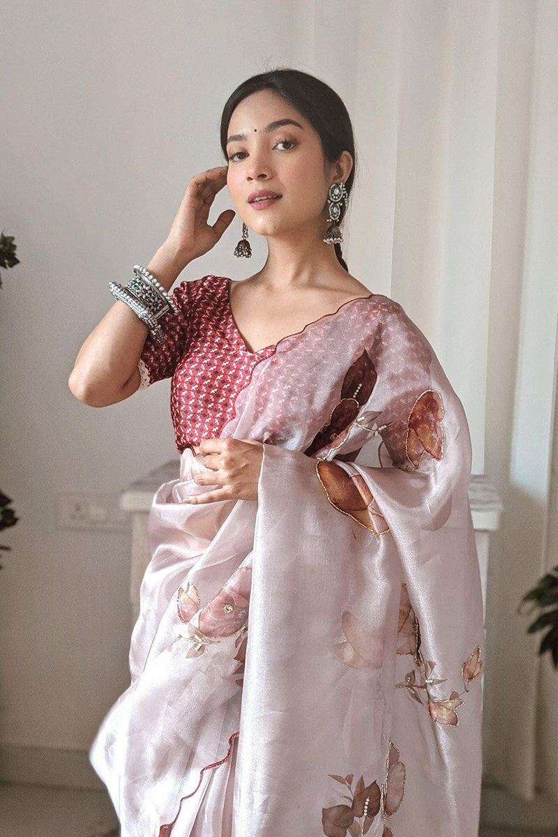 Nemesis  Brown 1 Minute Ready To Wear Organza Digital Printed Saree