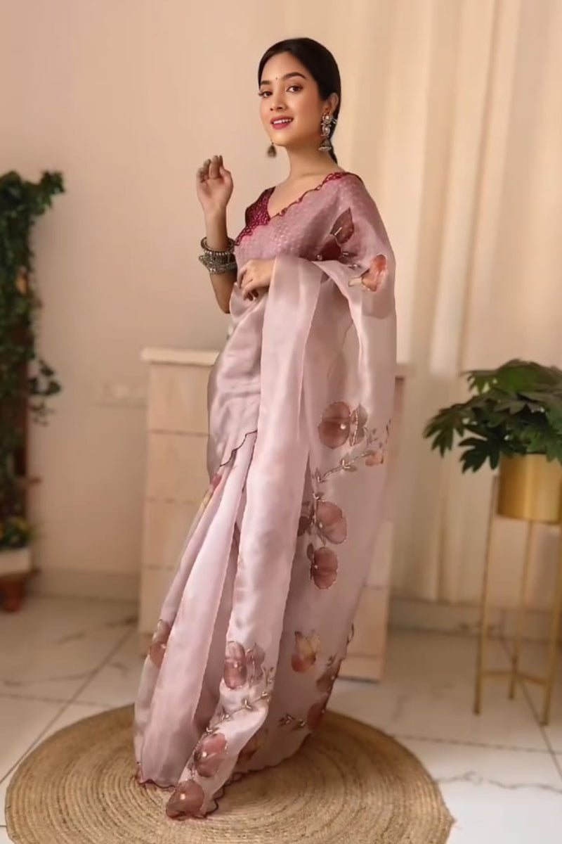 Nemesis  Brown 1 Minute Ready To Wear Organza Digital Printed Saree