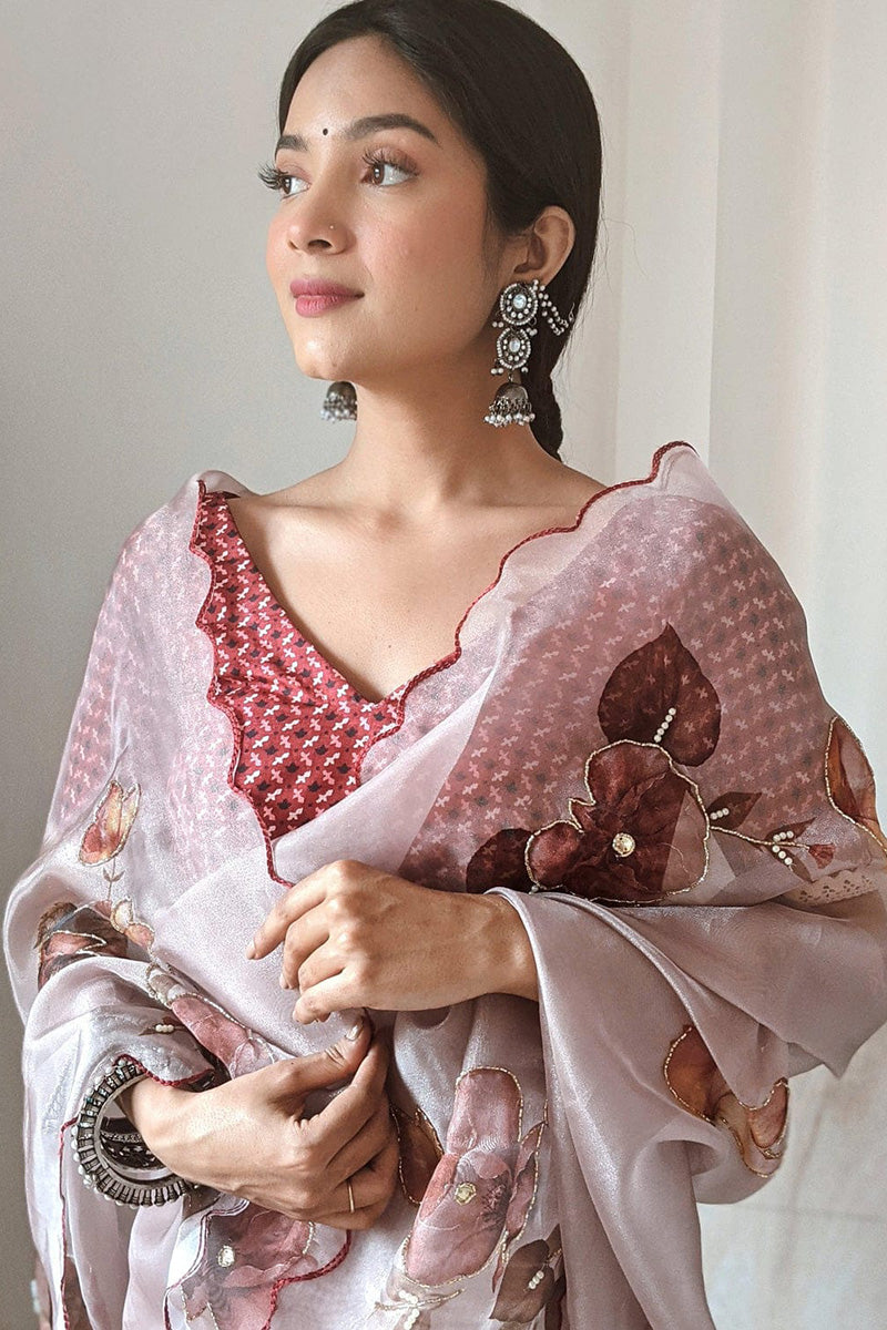 Nemesis  Brown 1 Minute Ready To Wear Organza Digital Printed Saree