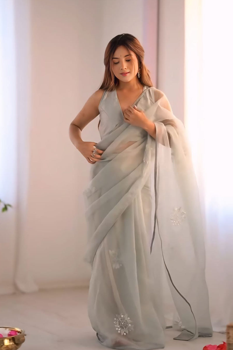 Elegant Grey 1 Minute Ready To Wear Organza  Printed Saree
