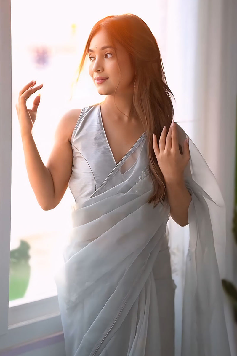 Elegant Grey 1 Minute Ready To Wear Organza  Printed Saree