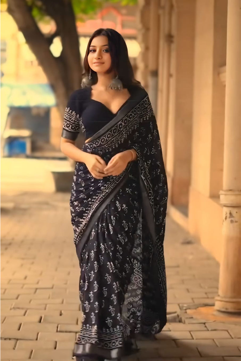 Imaginative Bleck 1 Minute Ready To Wear Linen Digital Printed Saree