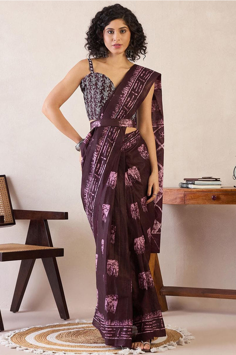 Transcendent Brown 1 Minute Ready To Wear Mul Cotton Digital Printed Saree With Pocket