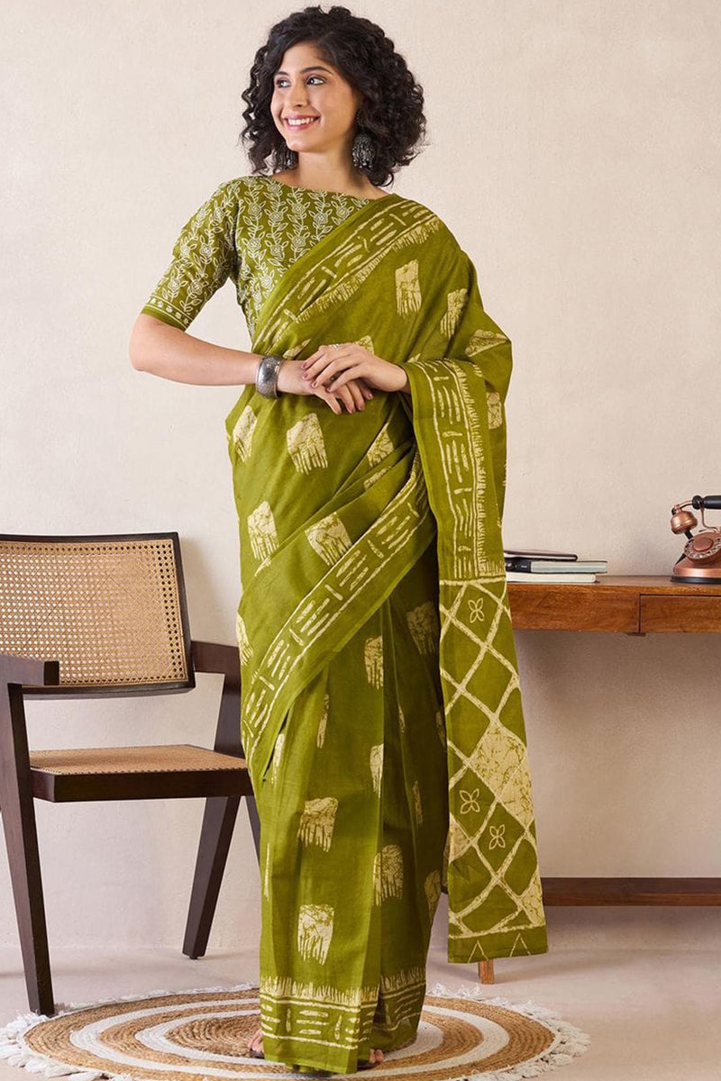 Adorable Mehndi 1 Minute Ready To Wear Mul Cotton Digital Printed Saree With Pocket