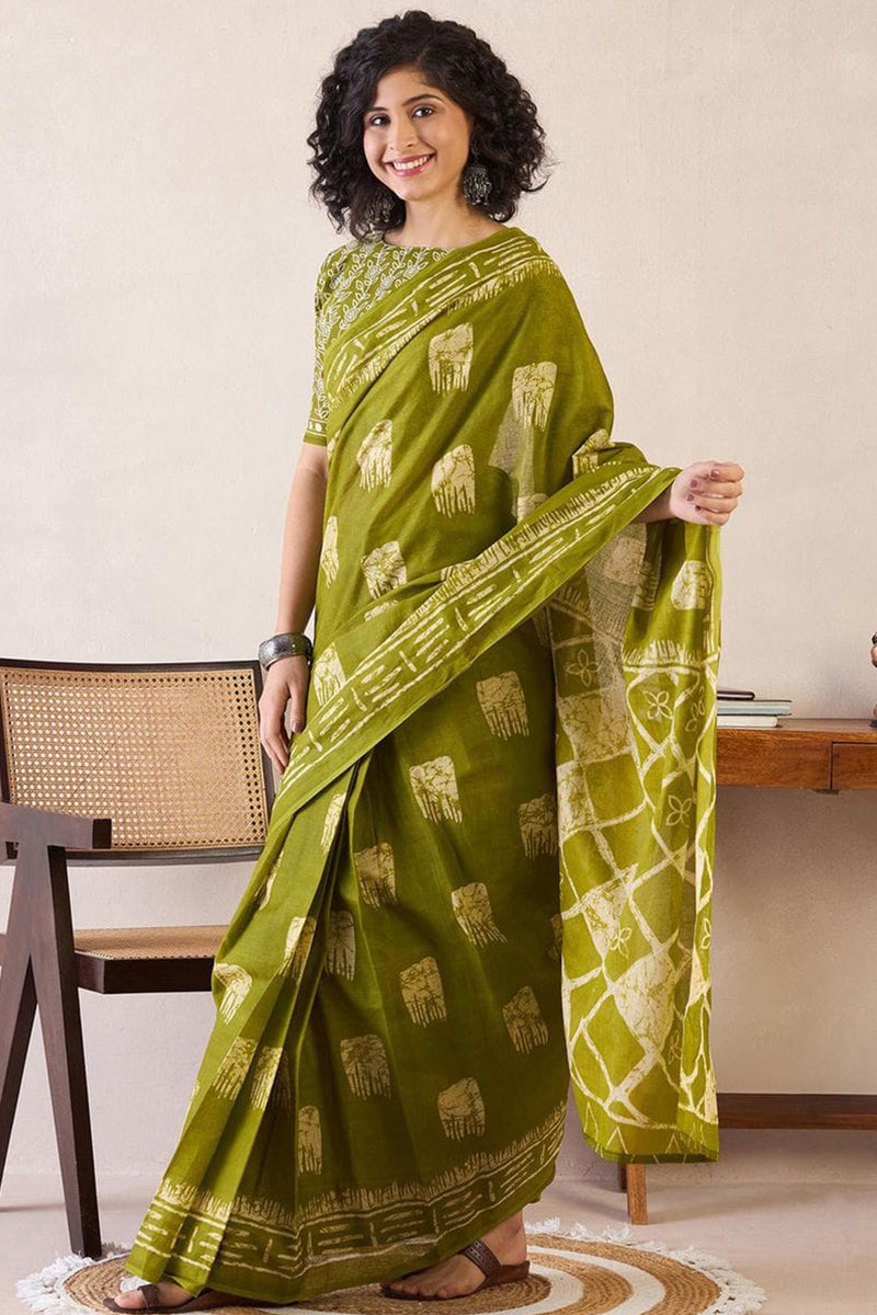 Adorable Mehndi 1 Minute Ready To Wear Mul Cotton Digital Printed Saree With Pocket