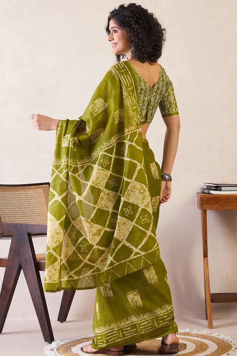 Adorable Mehndi 1 Minute Ready To Wear Mul Cotton Digital Printed Saree With Pocket
