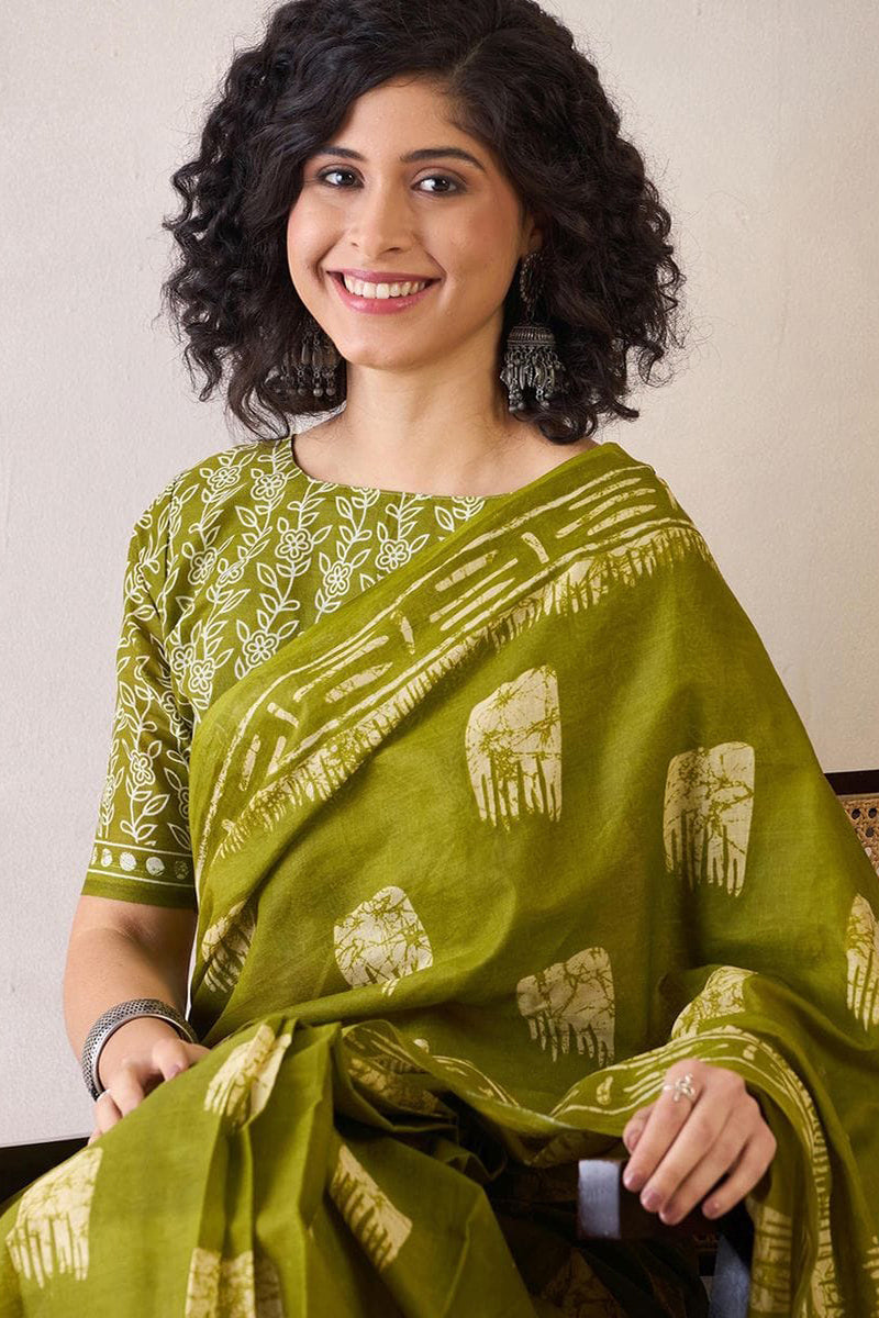 Adorable Mehndi 1 Minute Ready To Wear Mul Cotton Digital Printed Saree With Pocket