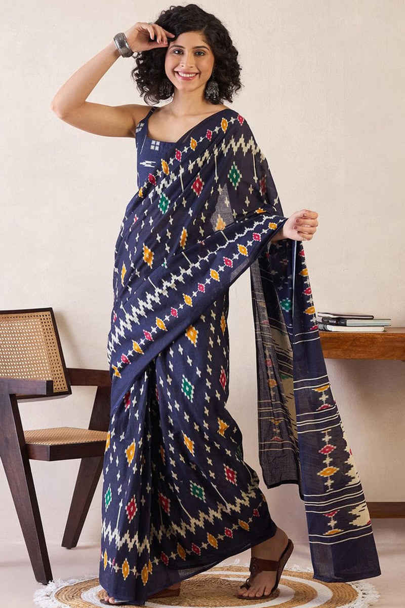 Blue 1 Minute Ready To Wear Mul Mul Cotton Digital Printed Saree With Pocket