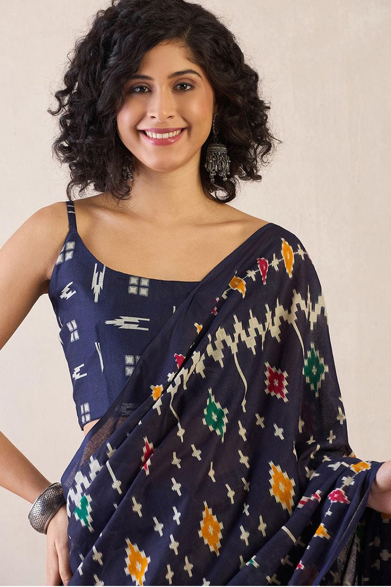 Blue 1 Minute Ready To Wear Mul Mul Cotton Digital Printed Saree With Pocket