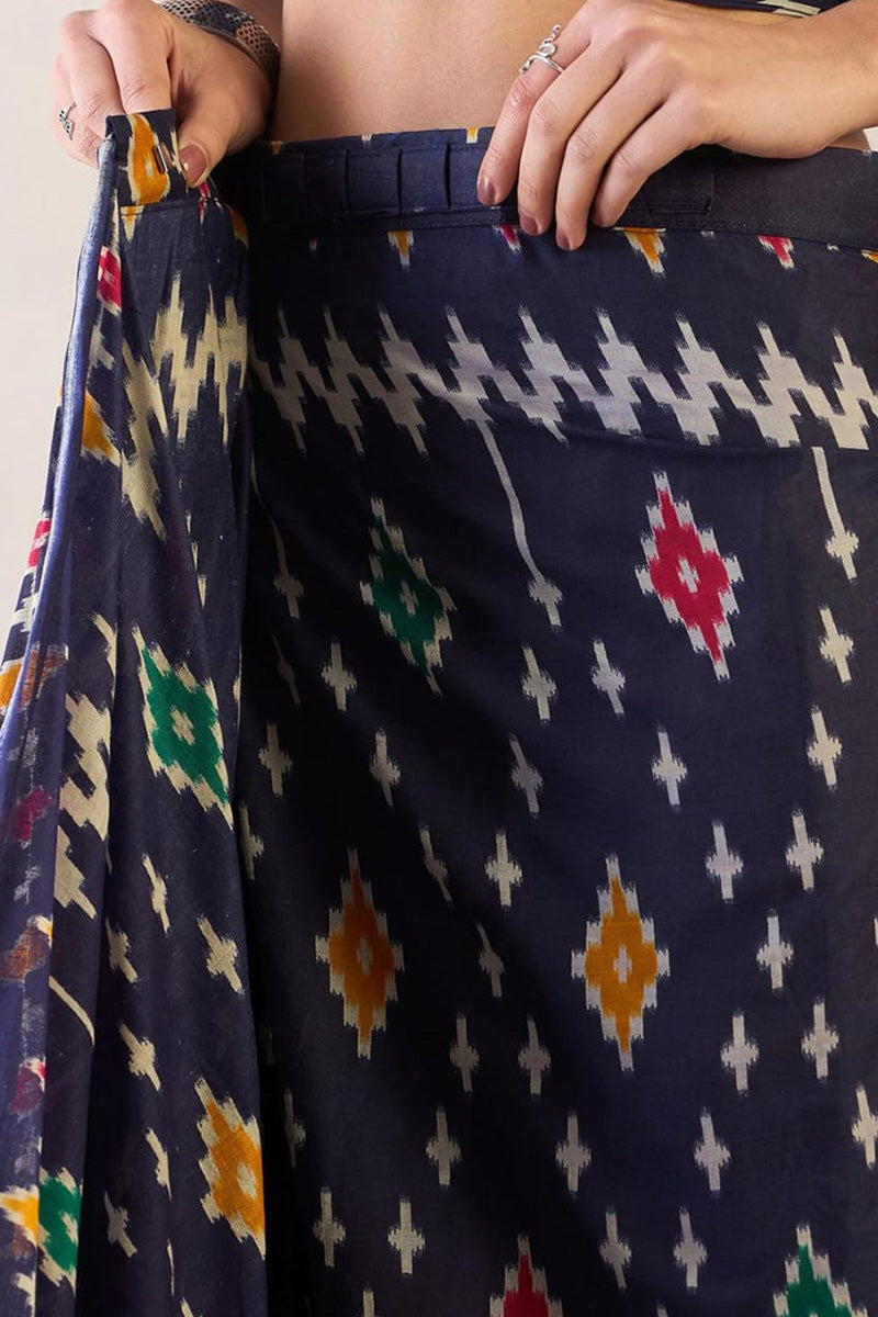 Blue 1 Minute Ready To Wear Mul Mul Cotton Digital Printed Saree With Pocket