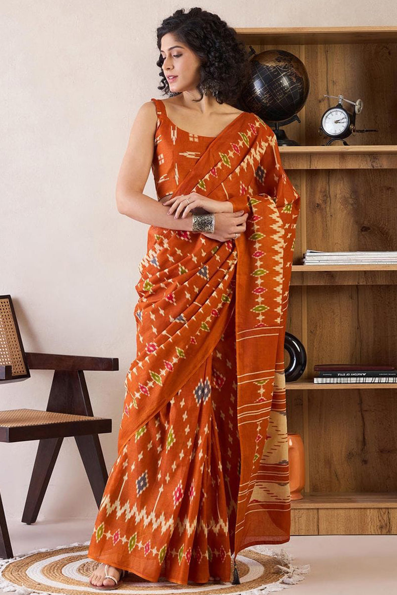 Orenge 1 Minute Ready To Wear Mul Mul Cotton Digital Printed Saree With Pocket