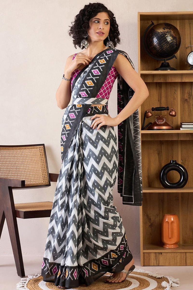 Black Amd White 1 Minute Ready To Wear Mul Mul Cotton Digital Printed Saree With Pocket