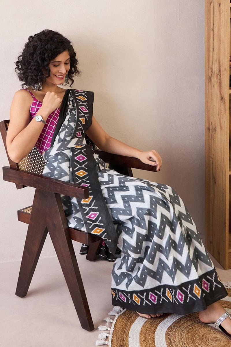 Black Amd White 1 Minute Ready To Wear Mul Mul Cotton Digital Printed Saree With Pocket