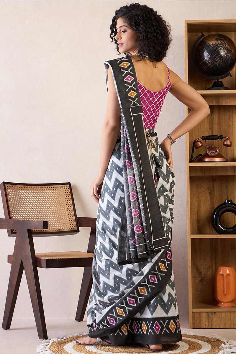 Black Amd White 1 Minute Ready To Wear Mul Mul Cotton Digital Printed Saree With Pocket
