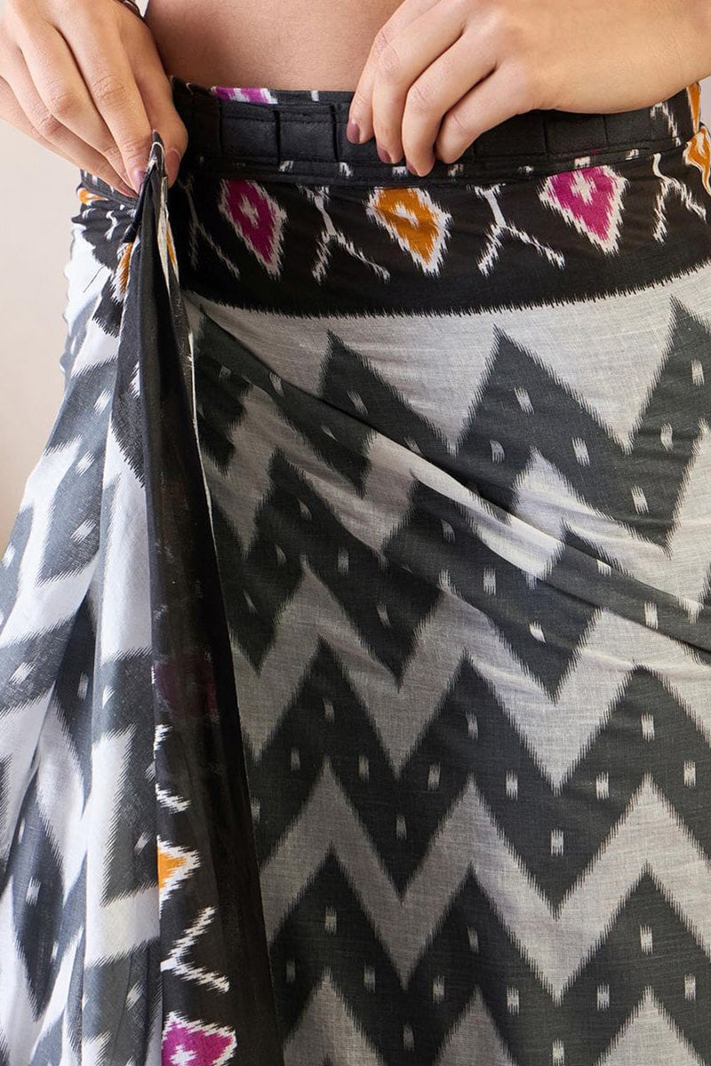 Black Amd White 1 Minute Ready To Wear Mul Mul Cotton Digital Printed Saree With Pocket