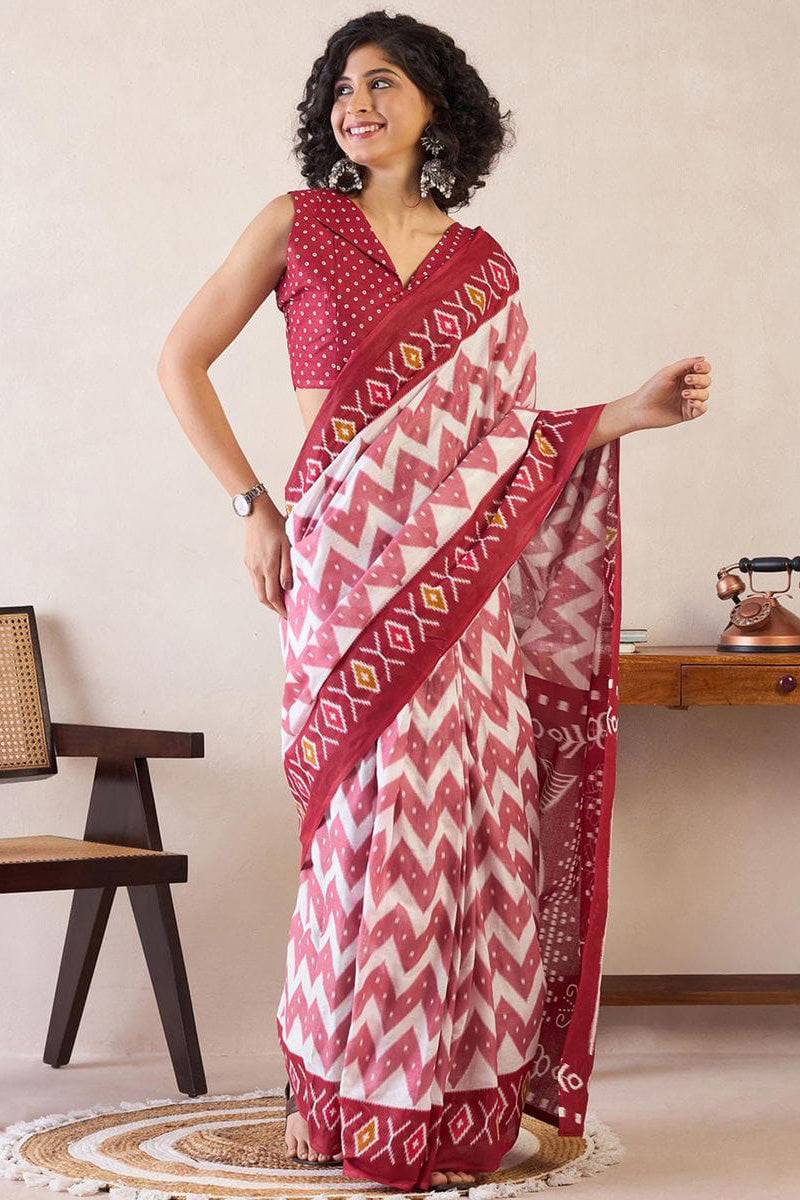 Red 1 Minute Ready To Wear Mul Mul Cotton Digital Printed Saree With Pocket