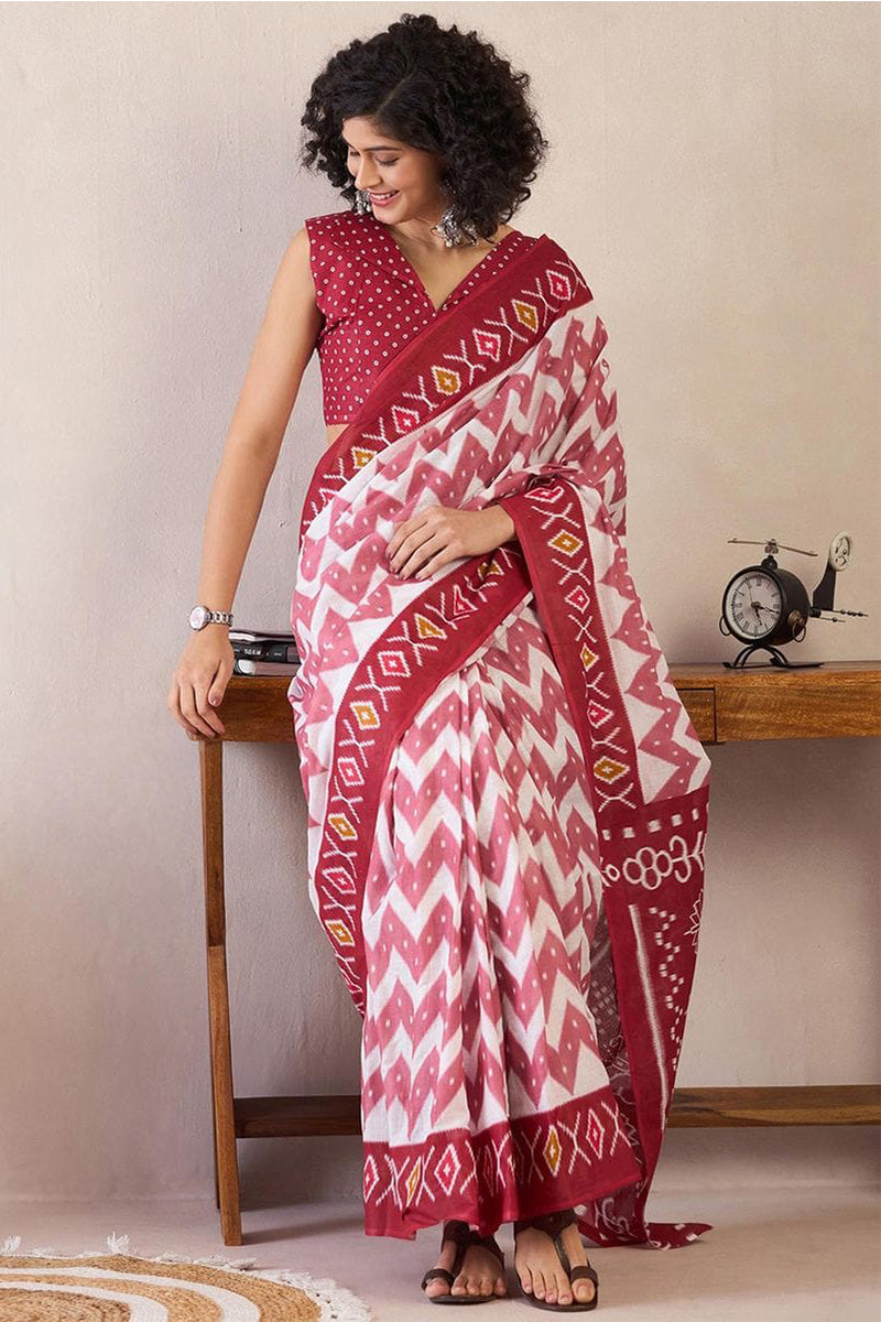 Red 1 Minute Ready To Wear Mul Mul Cotton Digital Printed Saree With Pocket