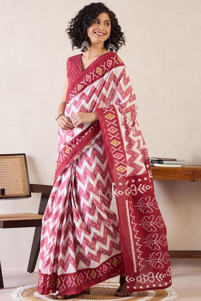 Red 1 Minute Ready To Wear Mul Mul Cotton Digital Printed Saree With Pocket