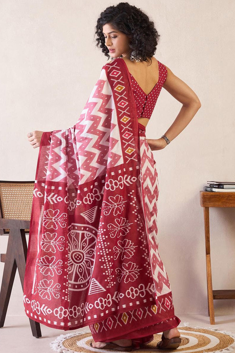 Red 1 Minute Ready To Wear Mul Mul Cotton Digital Printed Saree With Pocket