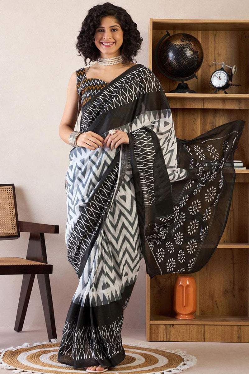 Black 1 Minute Ready To Wear Mul Mul Cotton Digital Printed Saree With Pocket
