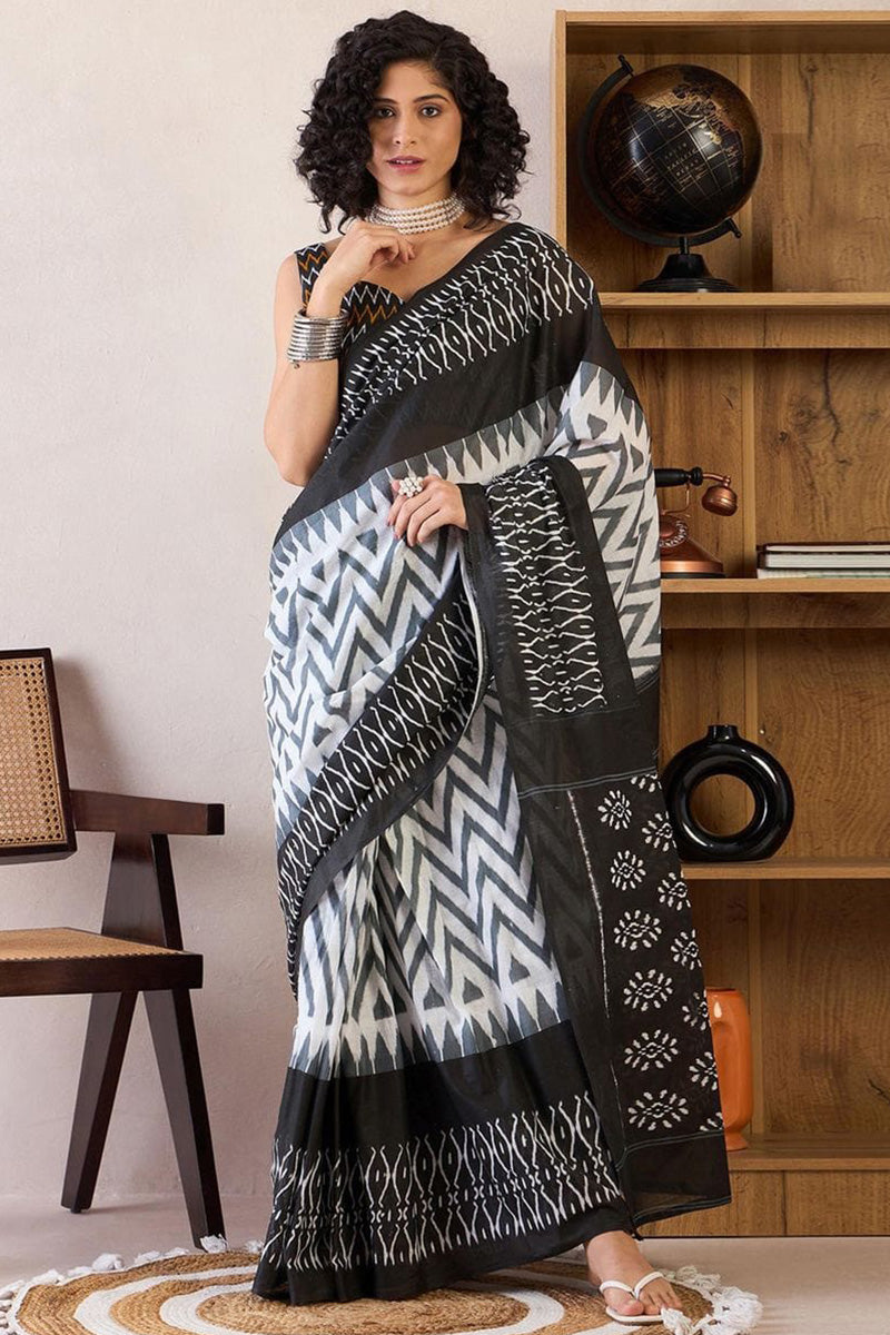Black 1 Minute Ready To Wear Mul Mul Cotton Digital Printed Saree With Pocket