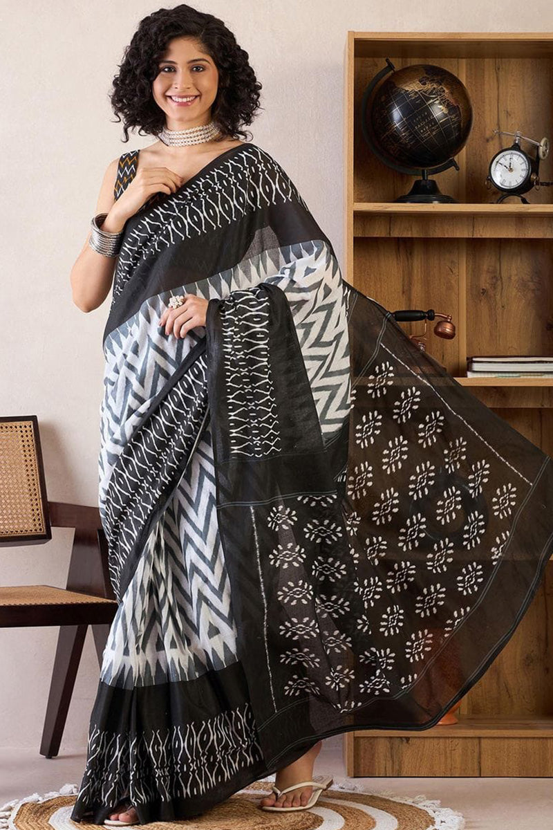Black 1 Minute Ready To Wear Mul Mul Cotton Digital Printed Saree With Pocket